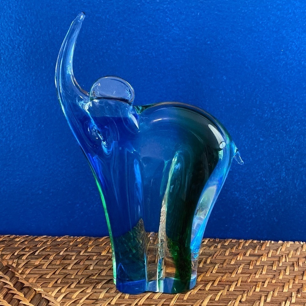 Vintage Murano Designed Hand Blown Glass Blue and Green Elephant Figurine